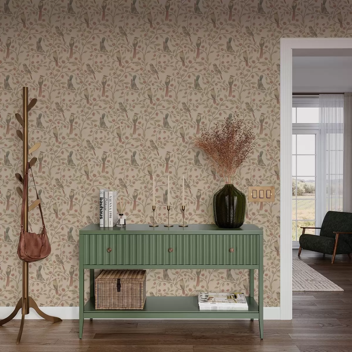 Papel pintado Pájaros en ramas florecidas, fondo beige cálido a00670