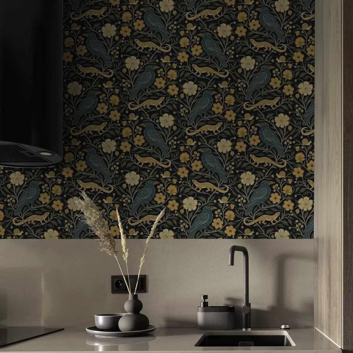 Papel pintado Pájaros, lagartos y caracoles entre flores sobre un fondo oscuro a00691
