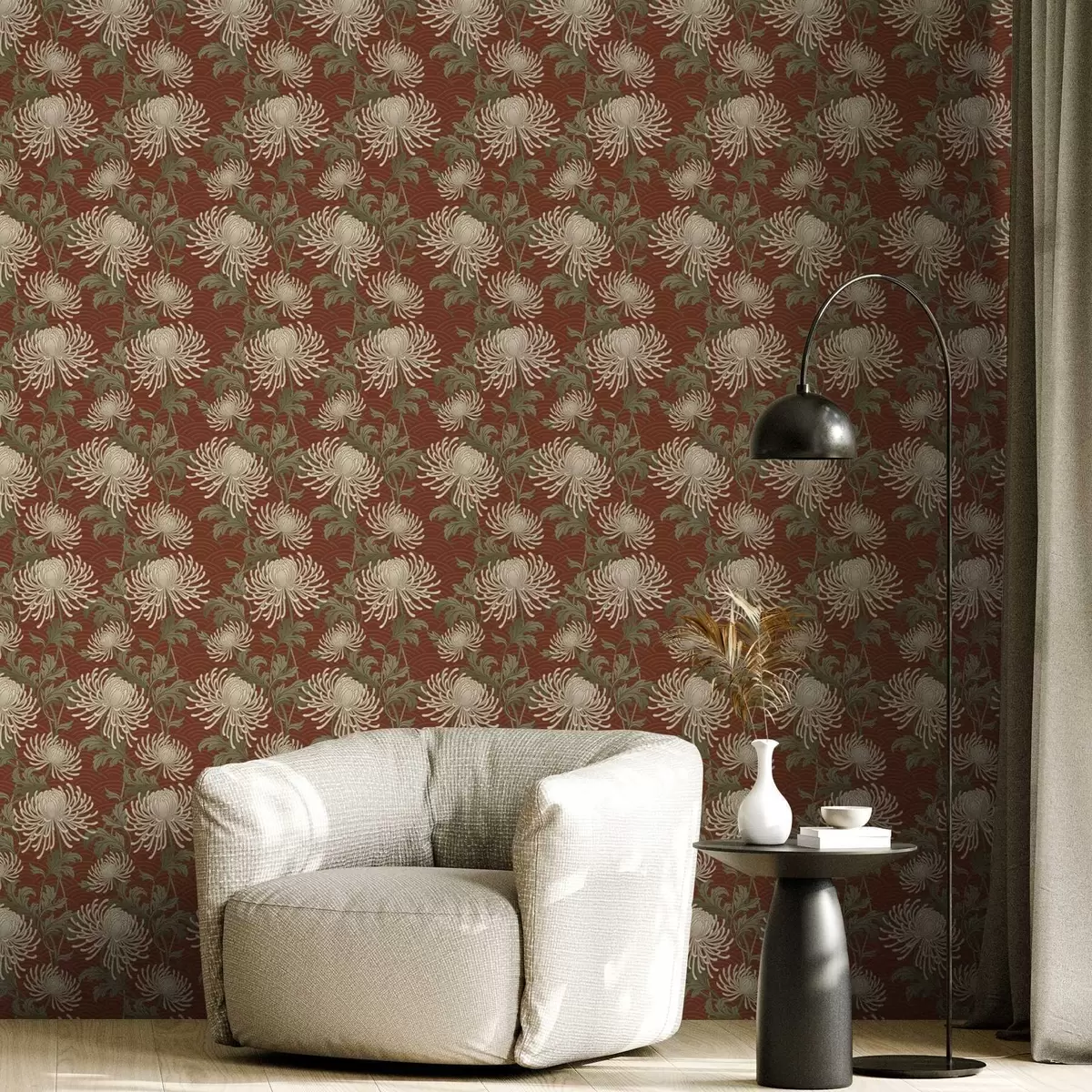 Papel pintado Crisantemos color crema sobre fondo terracota, estilo asiático a00693