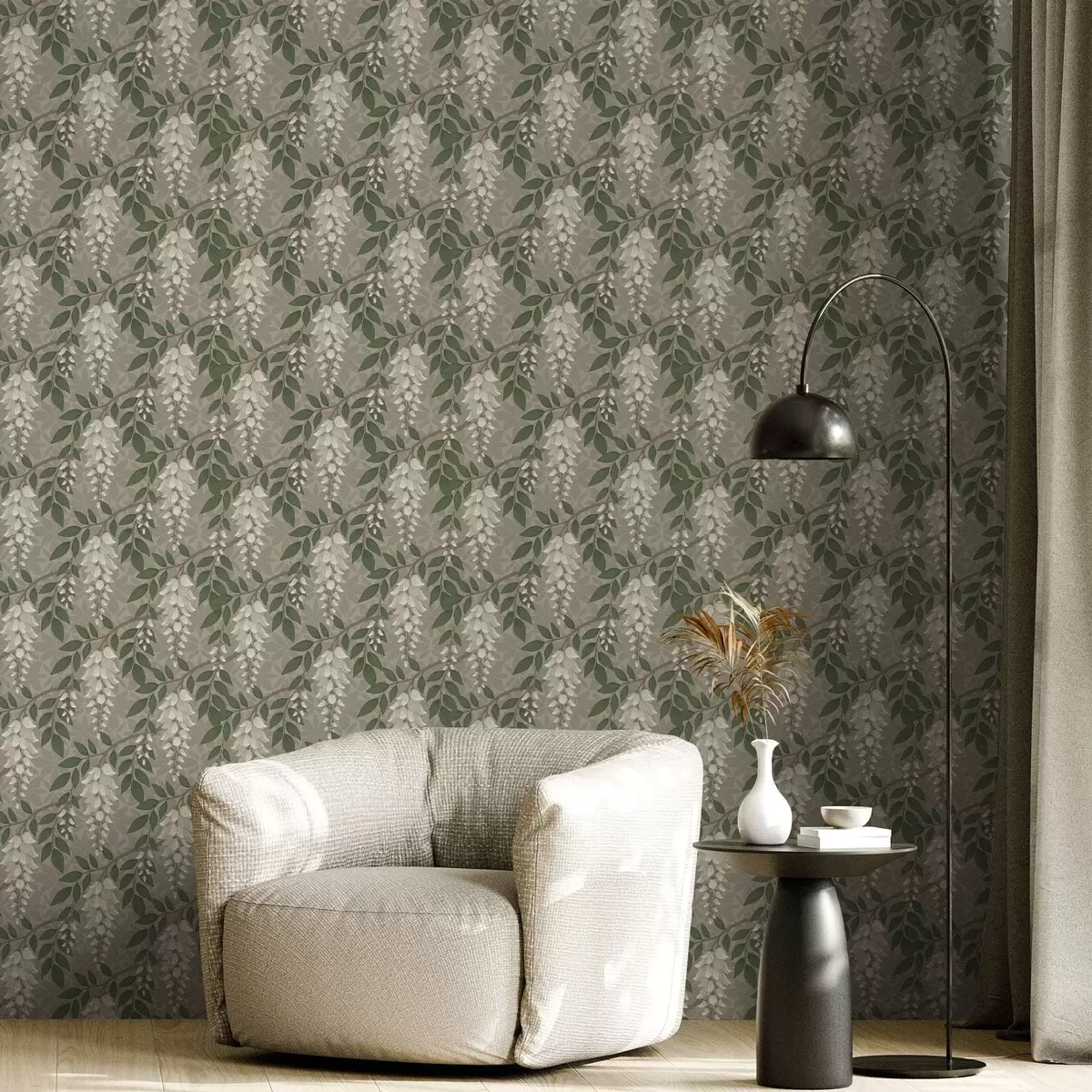 Papel pintado Glicinia clara sobre fondo gris oliva, racimos en cascada a00694