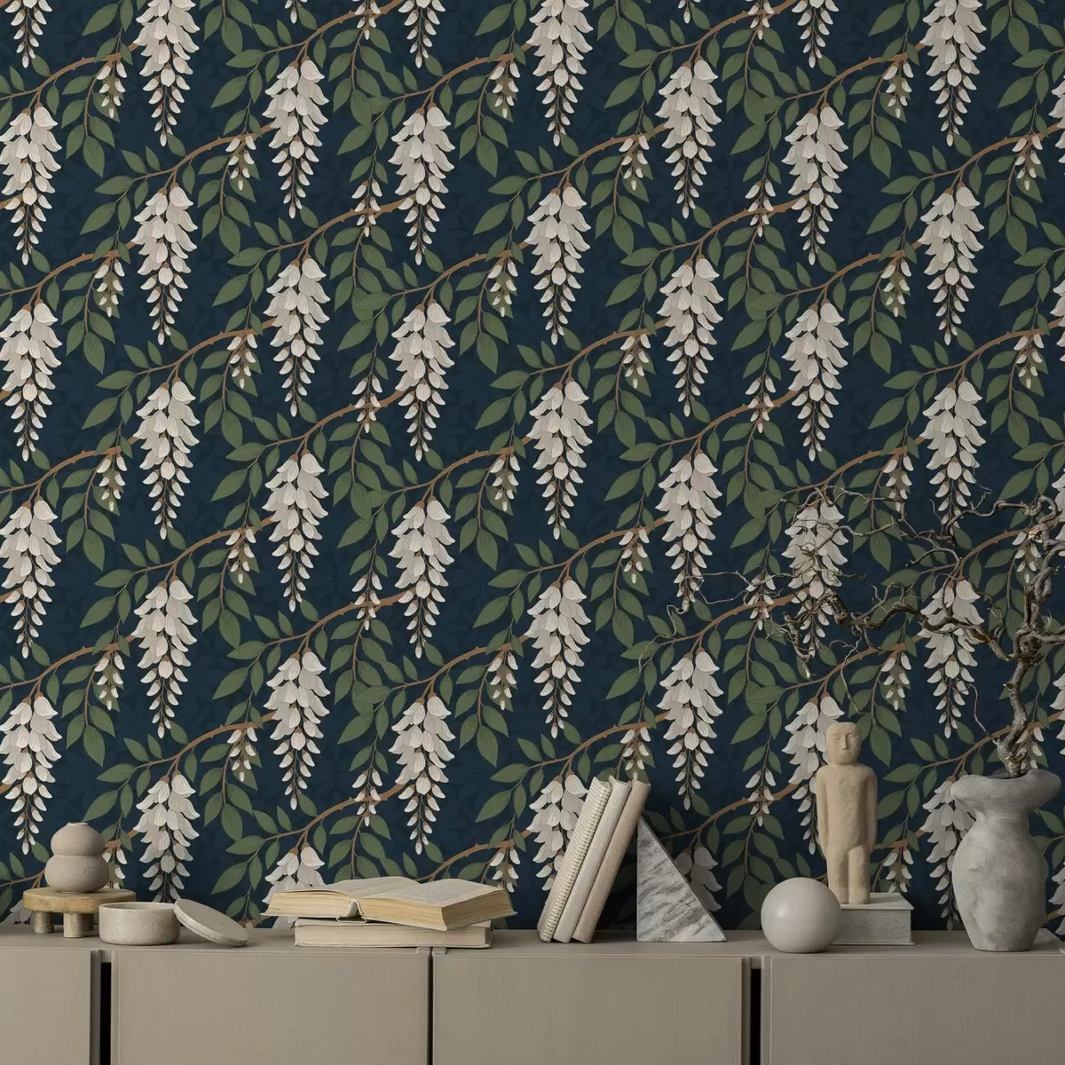 Papel pintado Glicinia marfil sobre fondo verde azulado intenso a00694v1