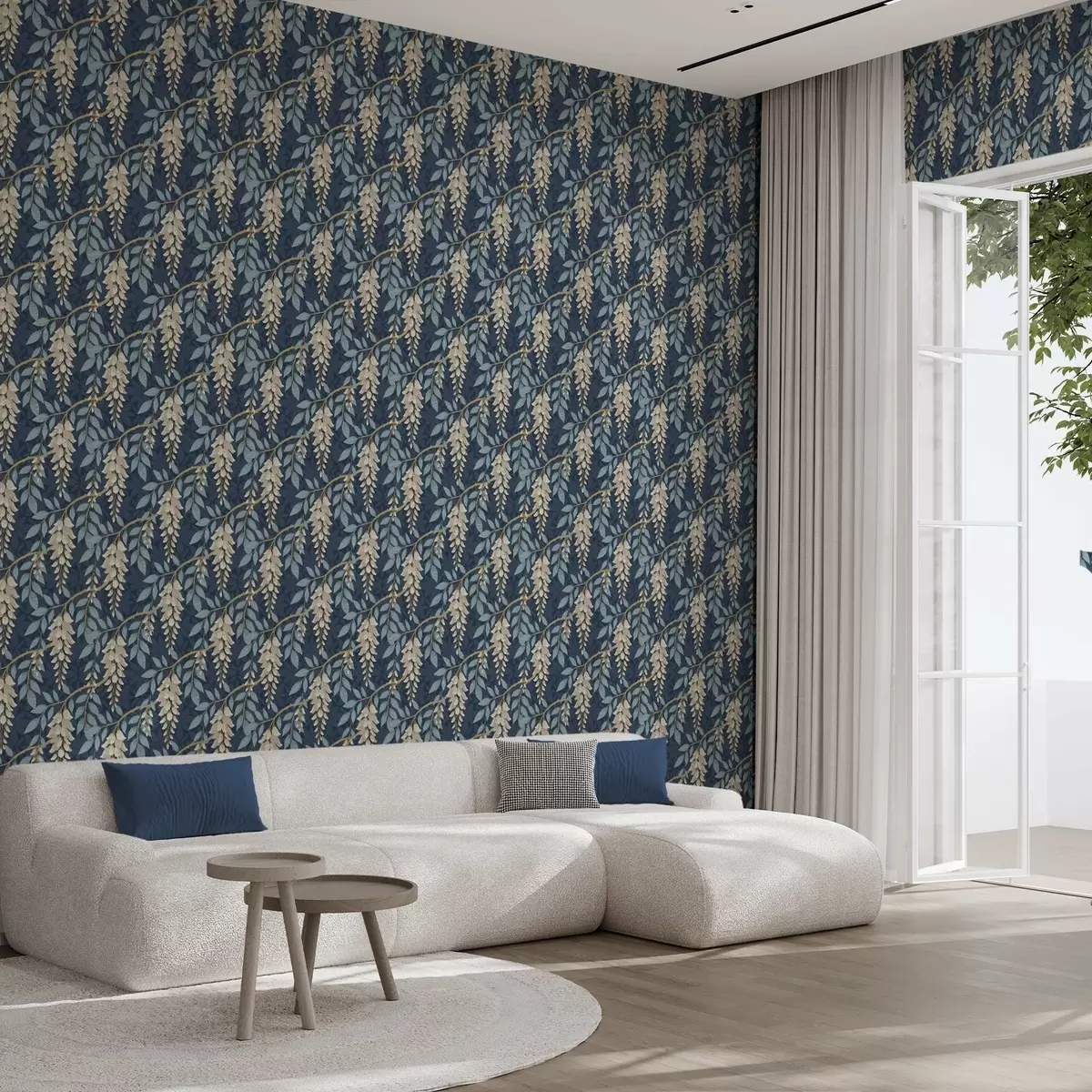 Papel pintado Glicinia con hojas azules sobre fondo azul oscuro a00694v2