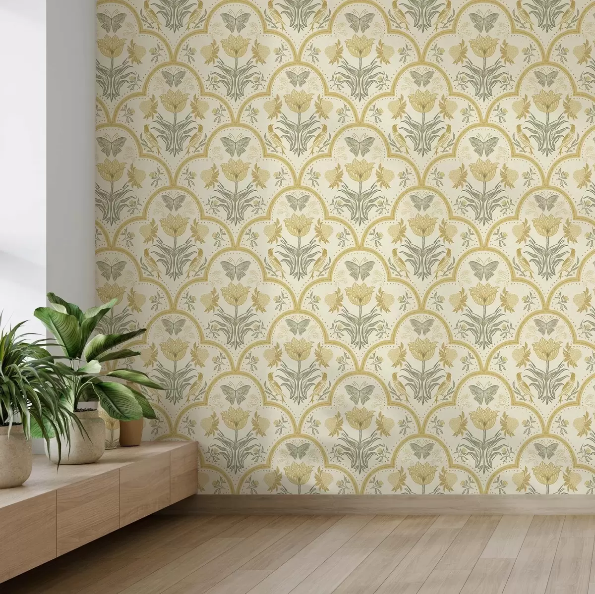 Papel pintado Adorno con tulipán, pájaros y mariposas, ocre a00722