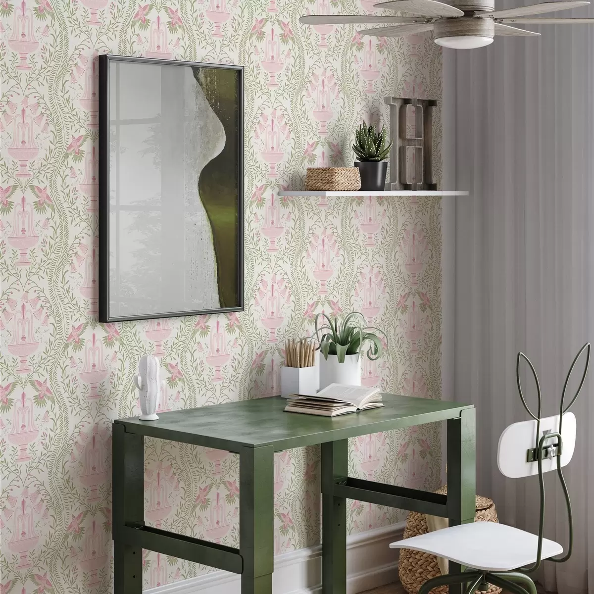 Papel pintado Fuentes, colibríes y volutas verdes sobre fondo claro a00723