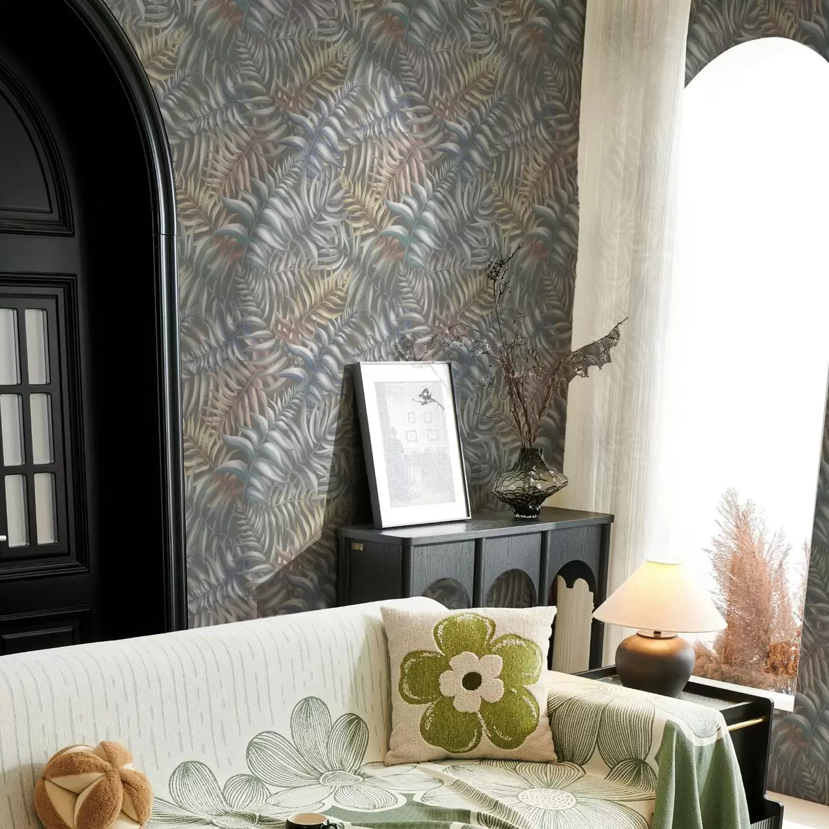 Papel pintado Hojas de palmera en capas en tonos apagados a00789
