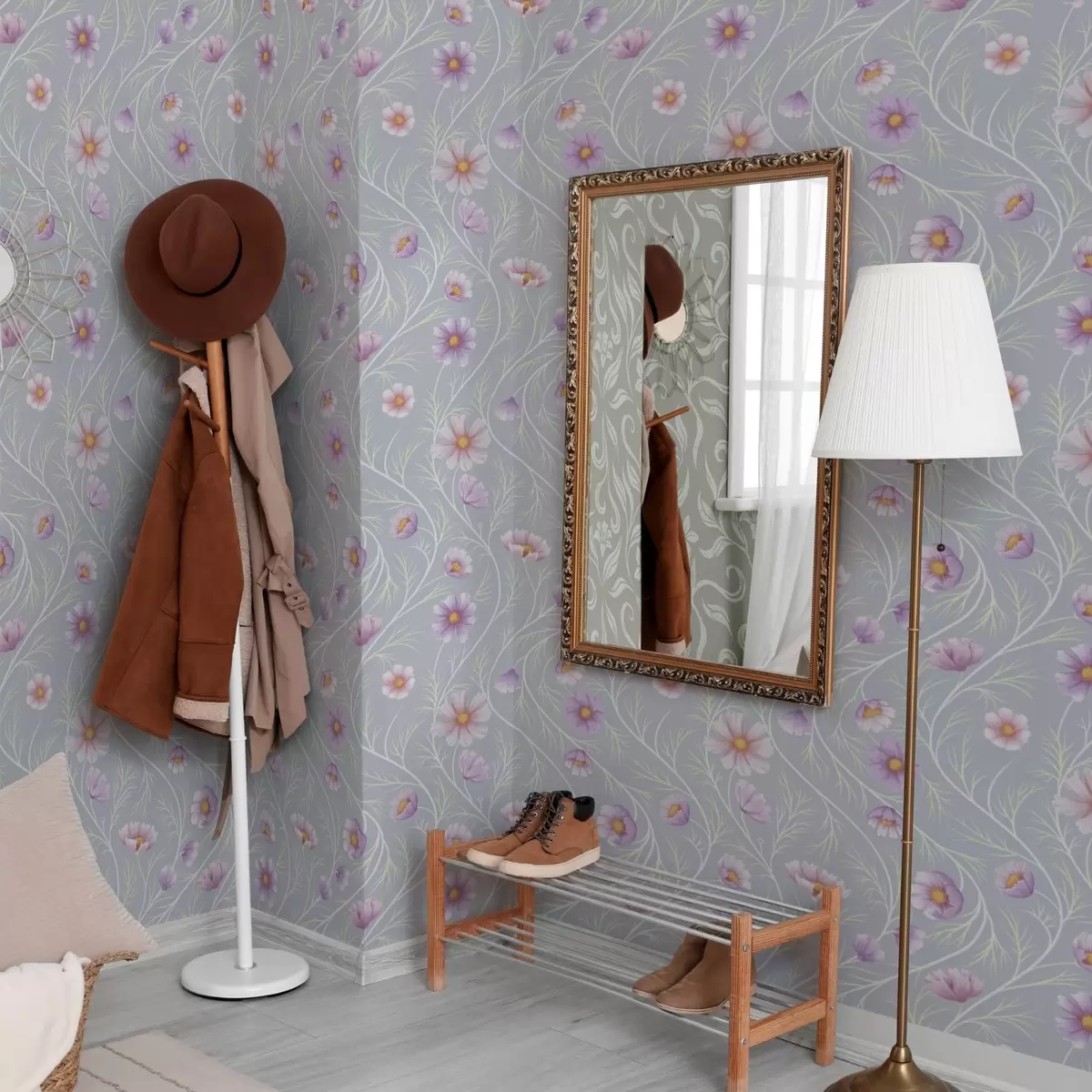 Papel pintado Cosmos rosados y tallos delgados sobre fondo gris a00791