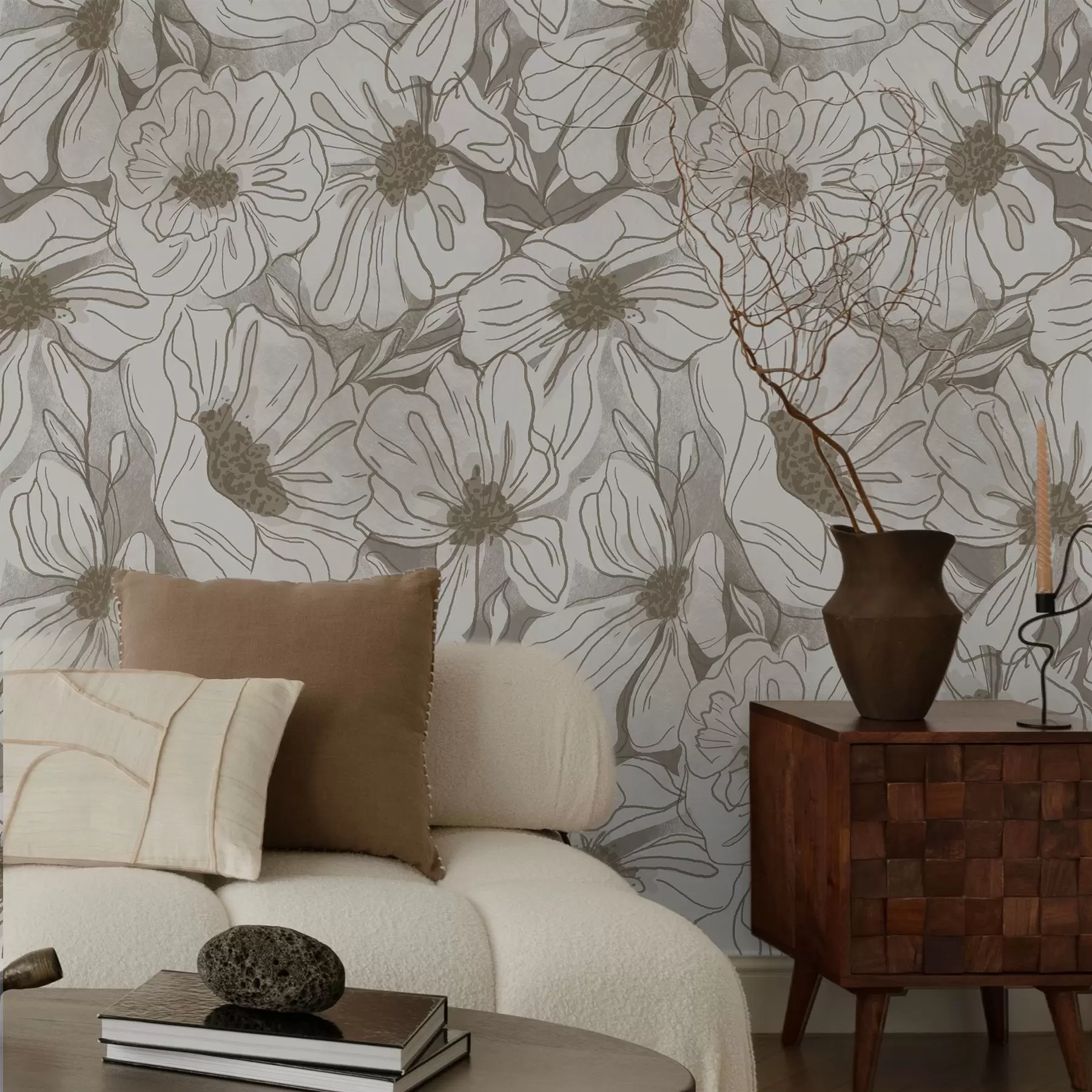 murales de pared Flores lineales en una paleta monocromática de tonos beige y gris a00636