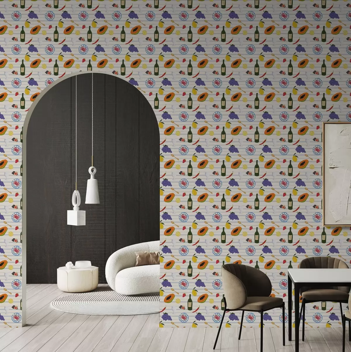 Papel pintado Lámina de cocina con frutas, vasos y platos a00638