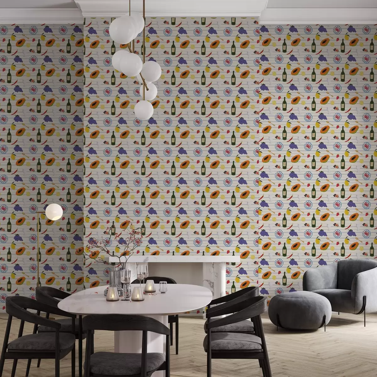Papel pintado Lámina de cocina con frutas, vasos y platos a00638