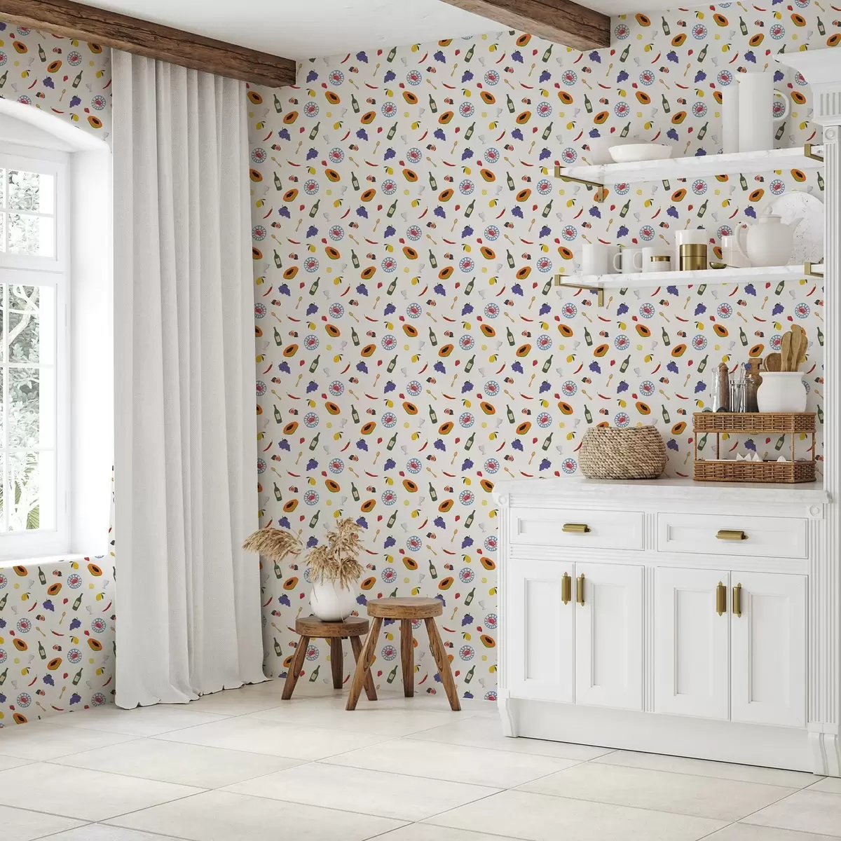 Papel pintado Fruta, vino y especias dispuestos sobre un fondo claro a00639