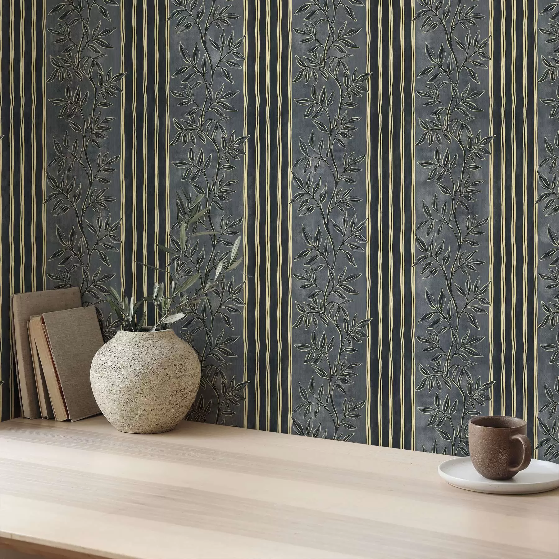 murales de pared Rayas verticales con motivos botánicos en tonos oscuros a00648