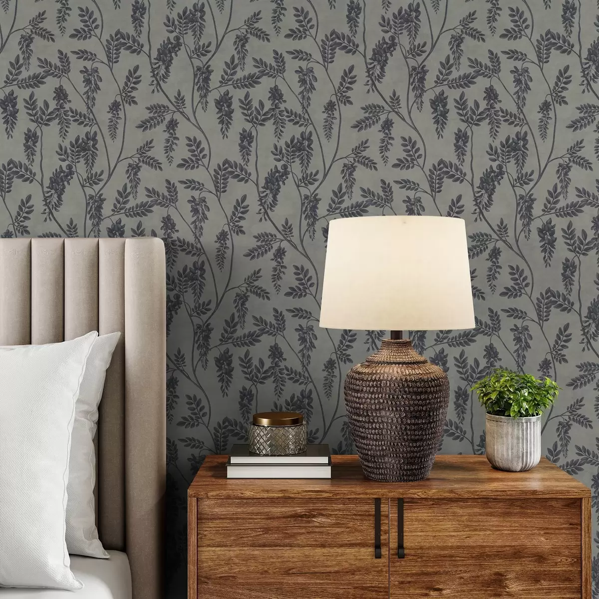 Papel pintado Ramas con flores oscuras sobre un fondo gris-beige a00672