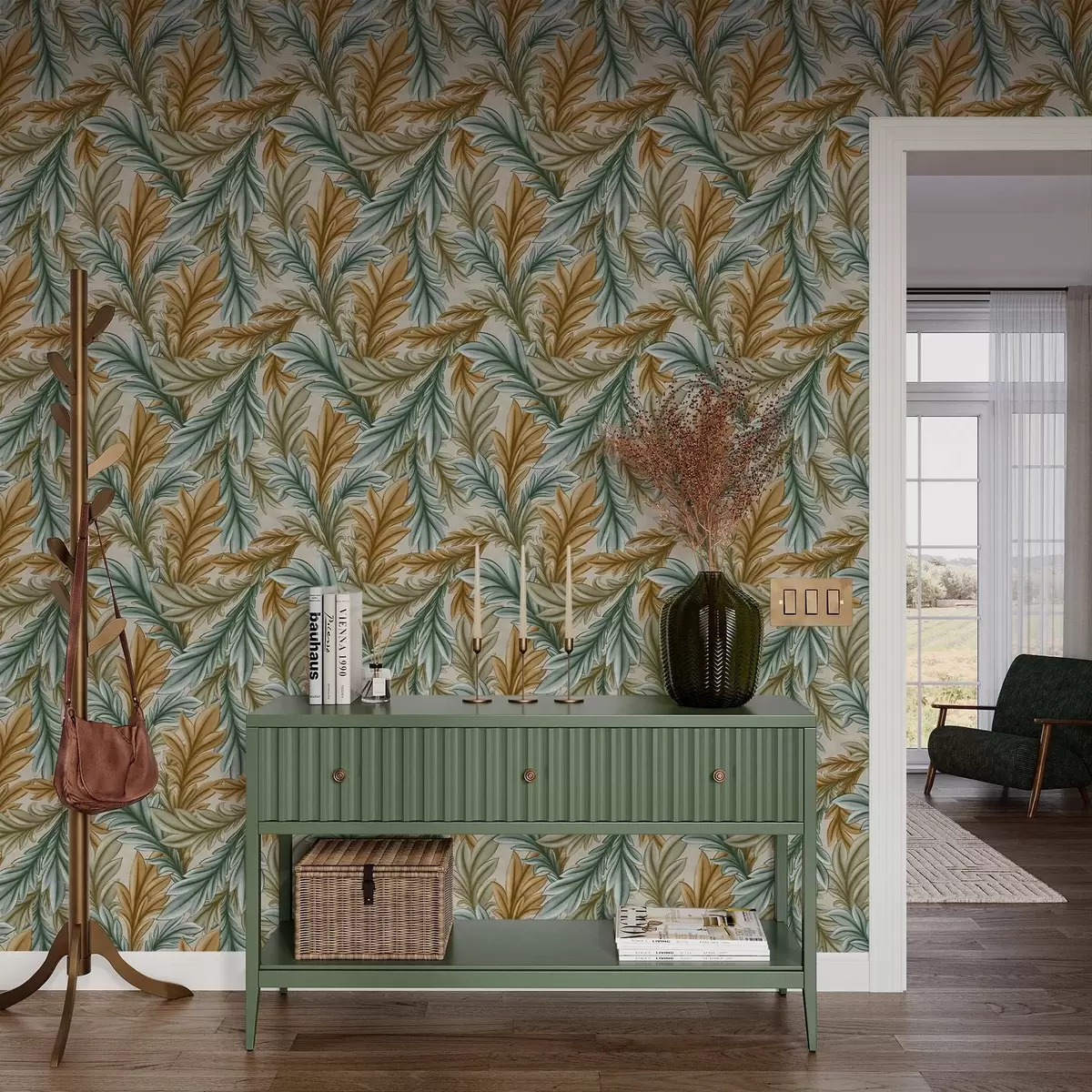 Papel pintado Follaje decorativo en una cálida paleta de colores ocres y verdes a00673