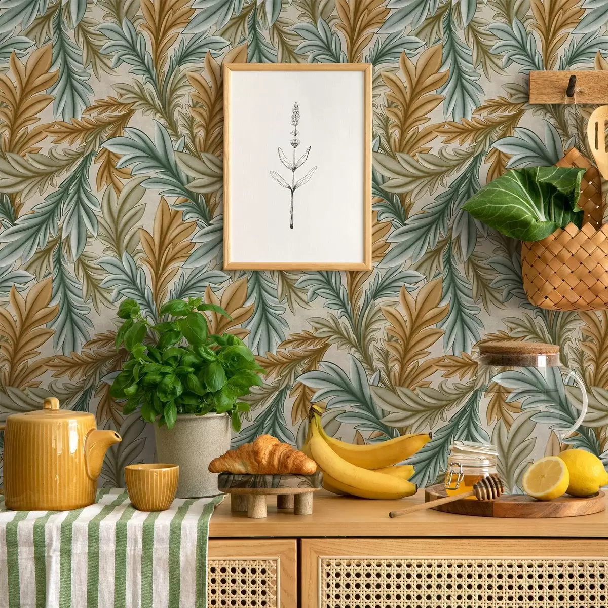 Papel pintado Follaje decorativo en una cálida paleta de colores ocres y verdes a00673