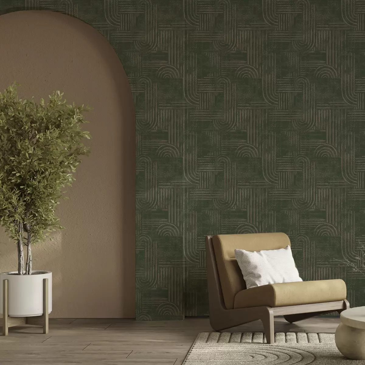 Papel pintado Diseño geométrico con arcos en una paleta de colores verdes a00697