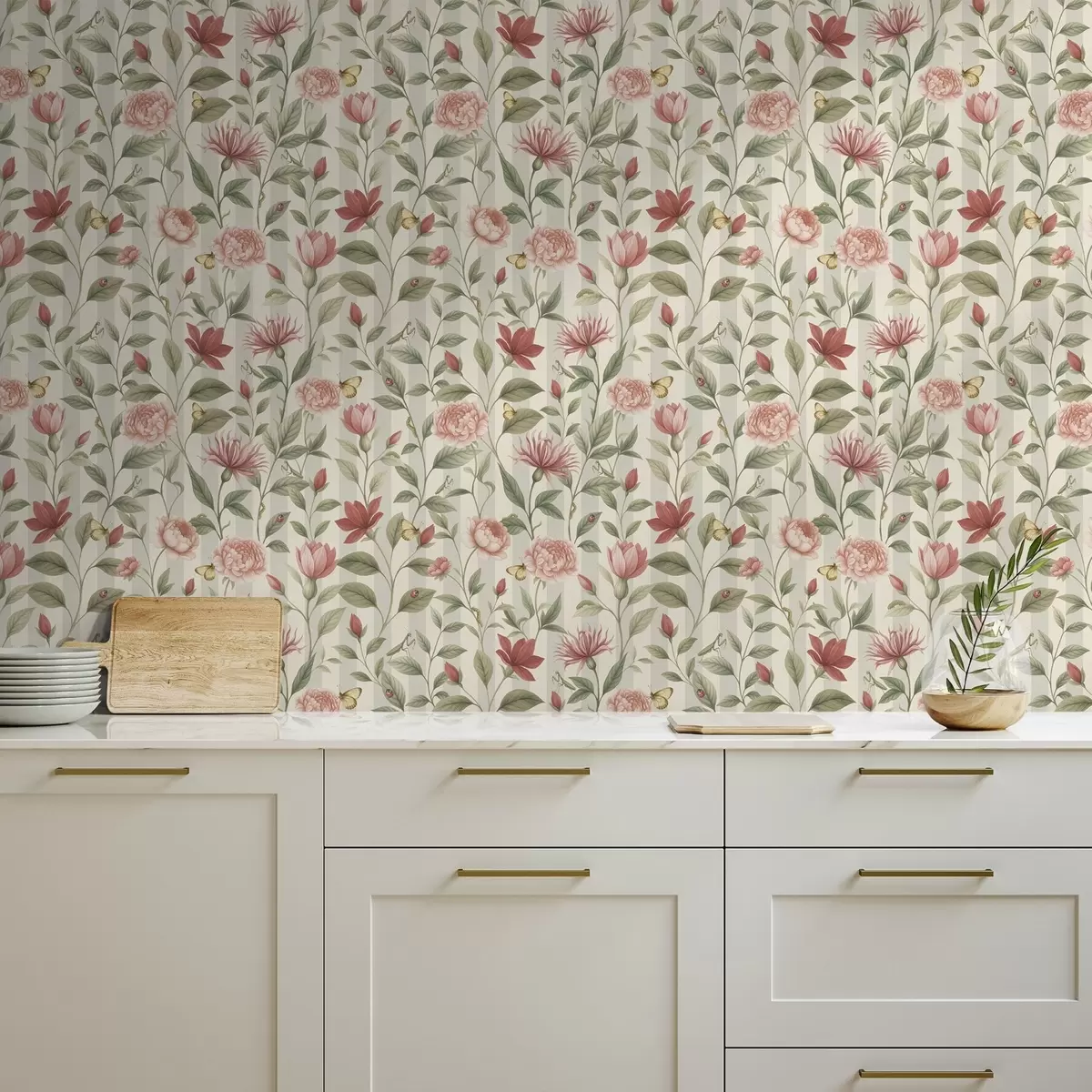 Papel pintado Tallos florales con mariposas sobre un fondo claro a00698