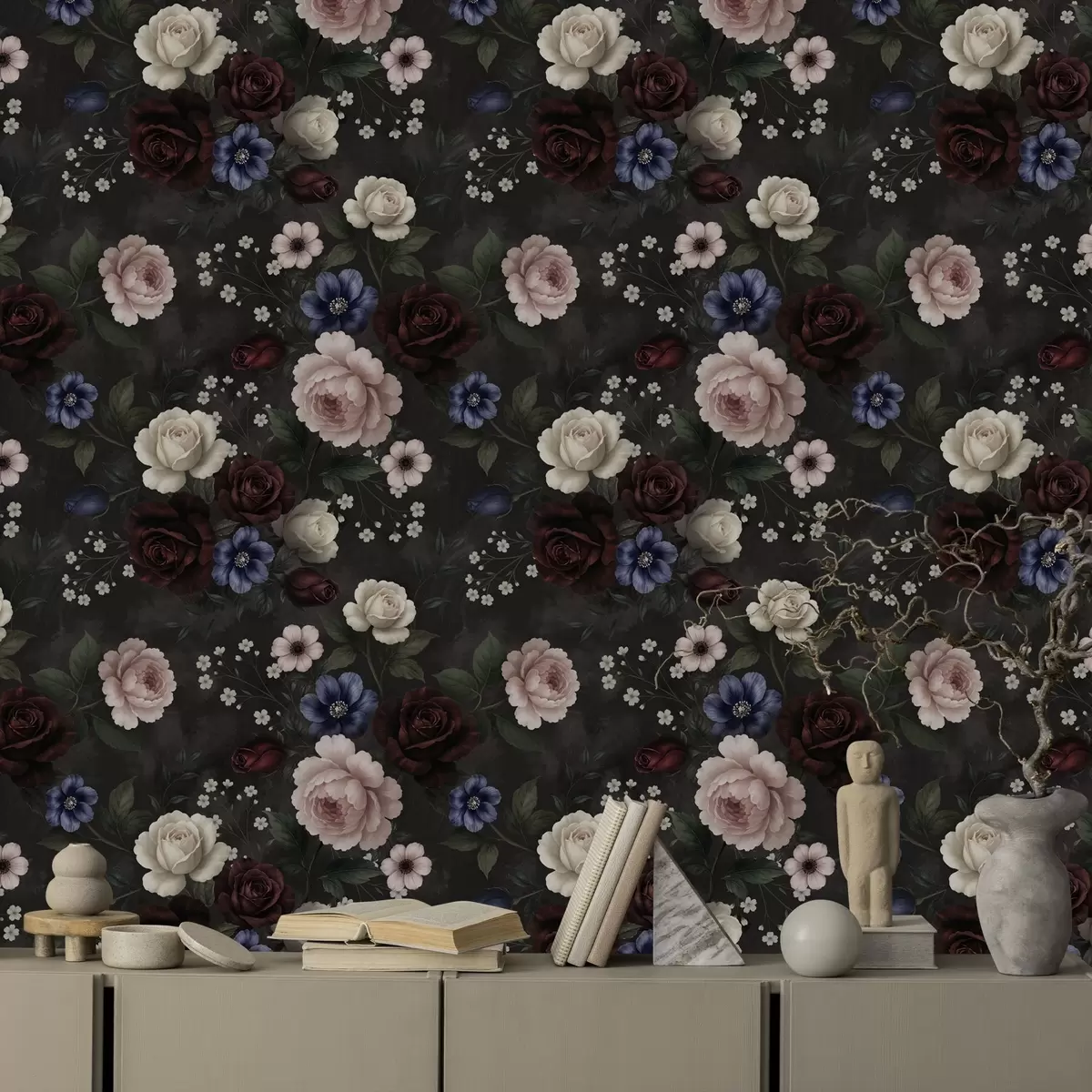Papel pintado Rosas oscuras, anémonas y peonías sobre un fondo intenso a00704