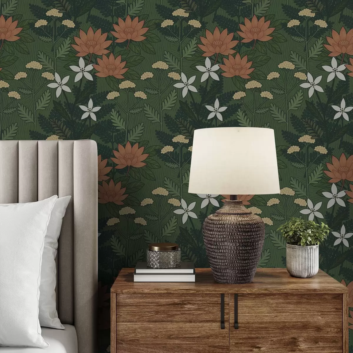 Papel pintado Grandes flores entre follaje verde, composición decorativa a00708
