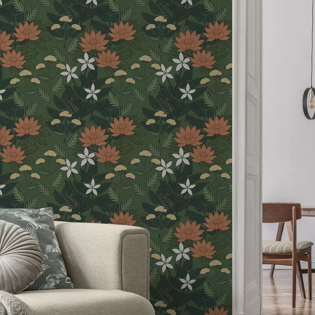 Papel pintado Grandes flores entre follaje verde, composición decorativa a00708
