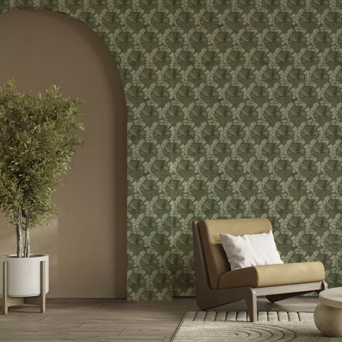 Papel pintado Diseño gráfico con ginkgo en una paleta de colores verdes fríos a00709