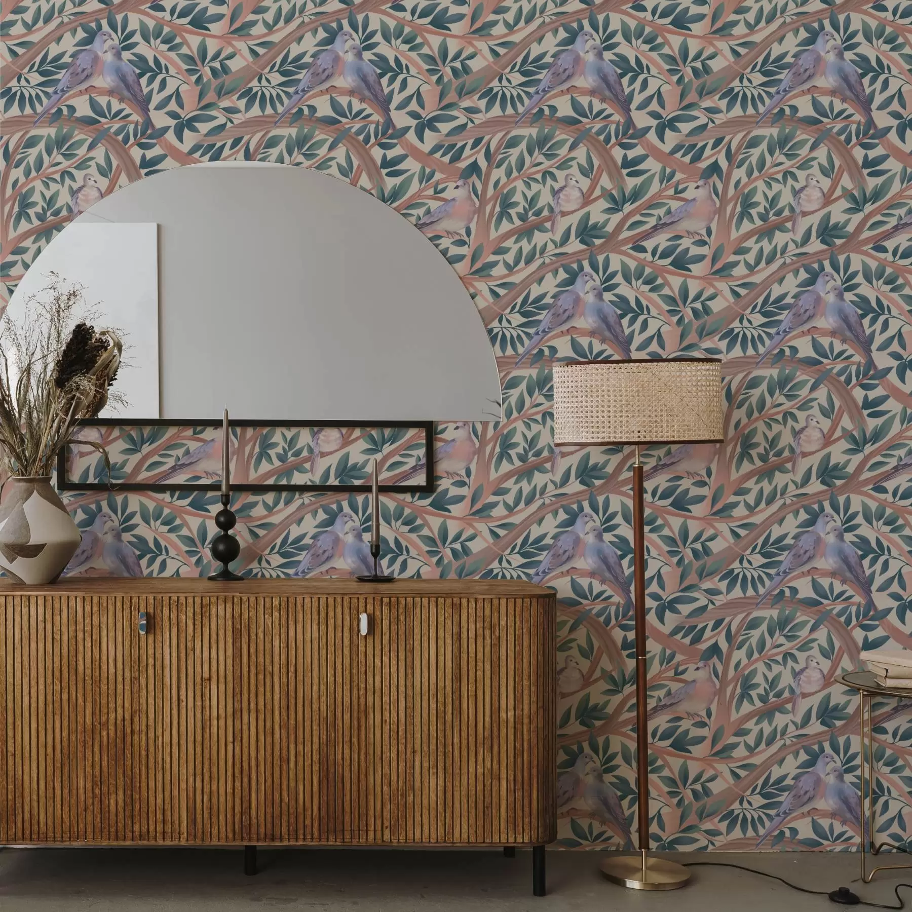 murales de pared Palomas entre ramas y hojas en una suave paleta de colores pastel a00796