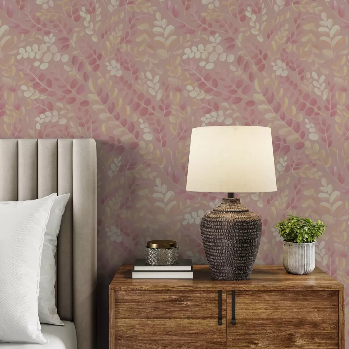 Papel pintado Delicado follaje rosa-melocotón con un suave brillo de color a00799