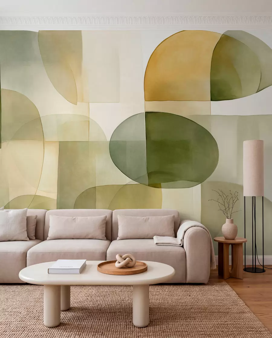 murales de pared Formas abstractas con textura en tonos verdes y amarillos, colores apagados, composición minimalista, fondo neutro w09467