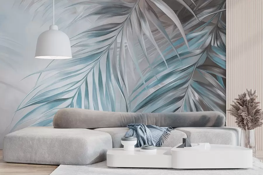 murales de pared Hojas de palmera con tonos grises y azules, fondo con textura ligera y colores suaves, elegante estilo tropical w09475v1