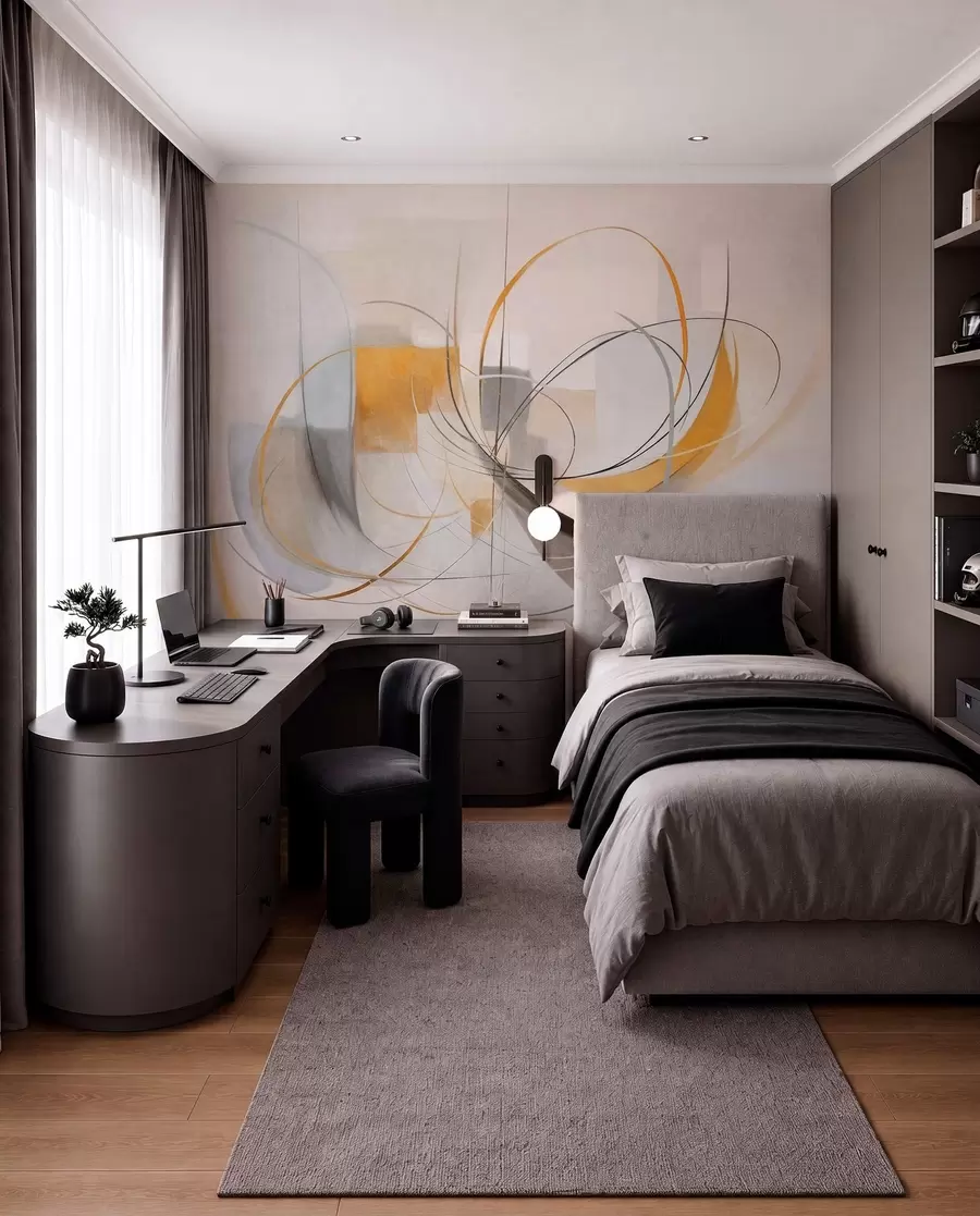 murales de pared Estilo pictórico moderno abstracto con texturas, líneas curvas y formas geométricas en tonos grises, blancos y naranjas w09476