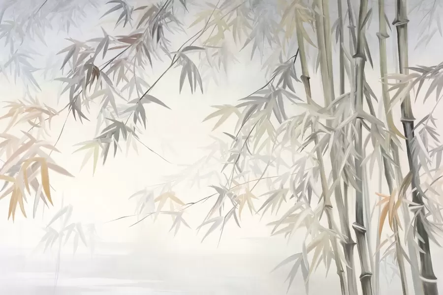 murales de pared Tallos y hojas de bambú texturizados en una paleta de colores suaves y apagados de gris, blanco y crema, composición minimalista. w09485