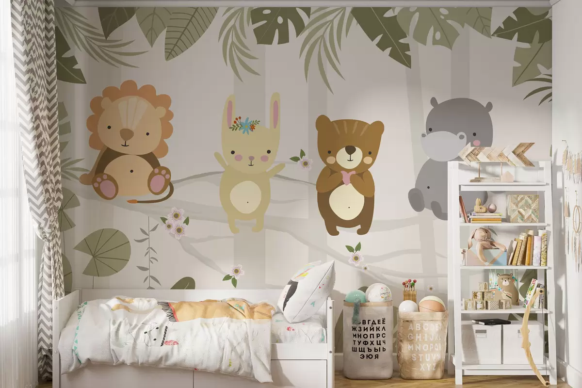 murales de pared Lindo león, conejo, oso e hipopótamo entre las hojas w04682