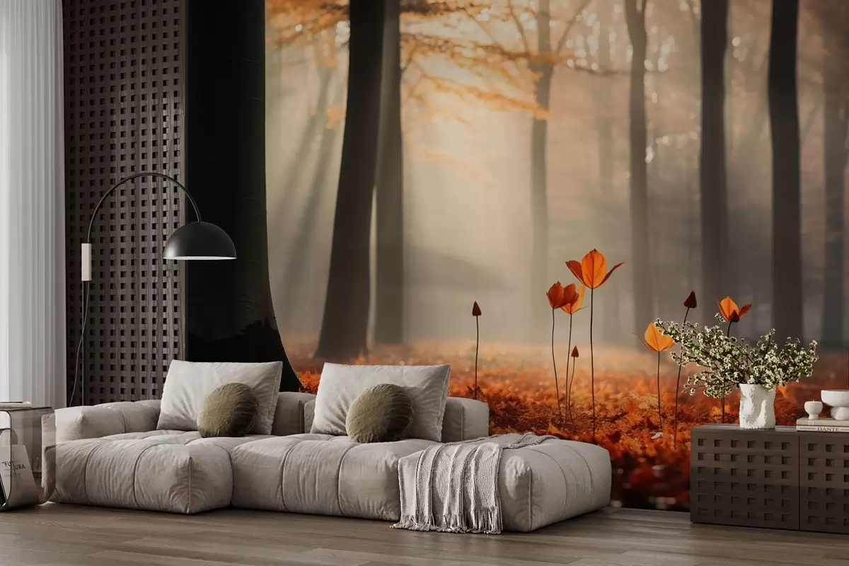 murales de pared Bosque otoñal con rayos de sol y follaje brillante w04710