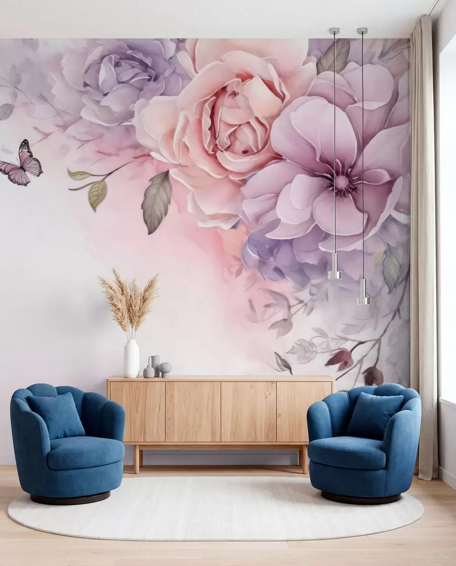 murales de pared Delicadas flores rosas y lilas con una mariposa w04711