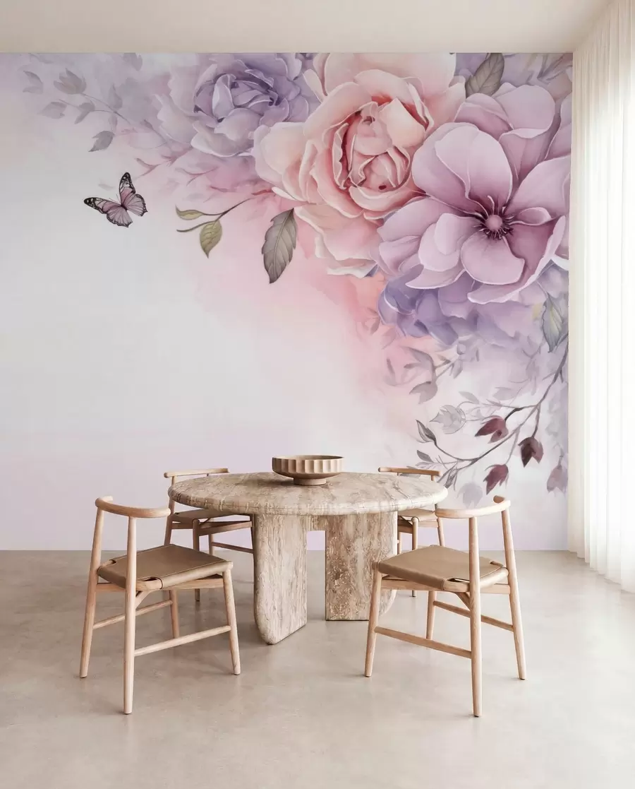 murales de pared Delicadas flores rosas y lilas con una mariposa w04711