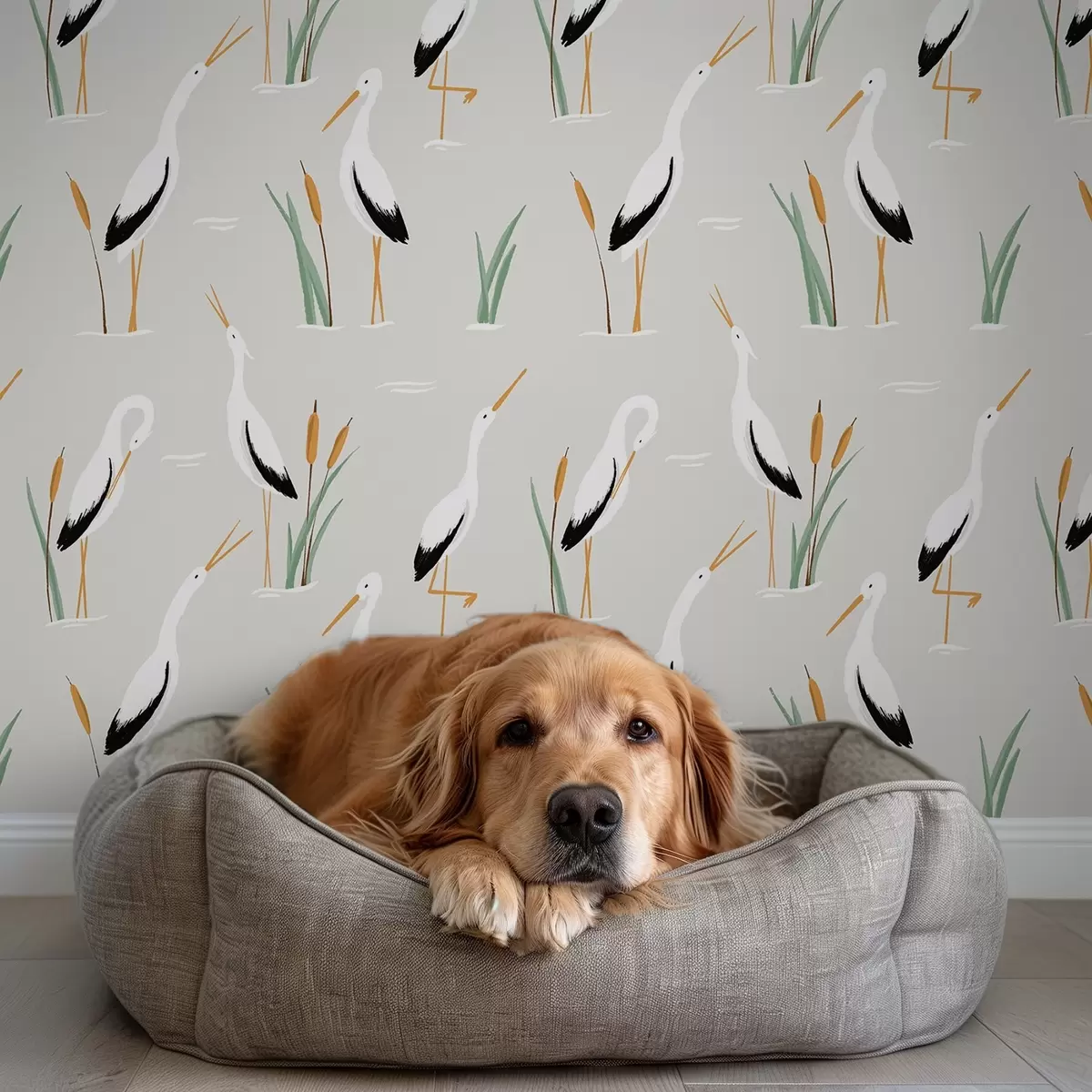 Papel pintado Garzas entre juncos sobre un fondo gris claro a00650