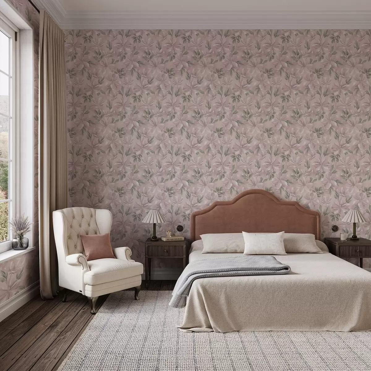 Papel pintado Flores rosas con hojas delicadas sobre un fondo suave a00675