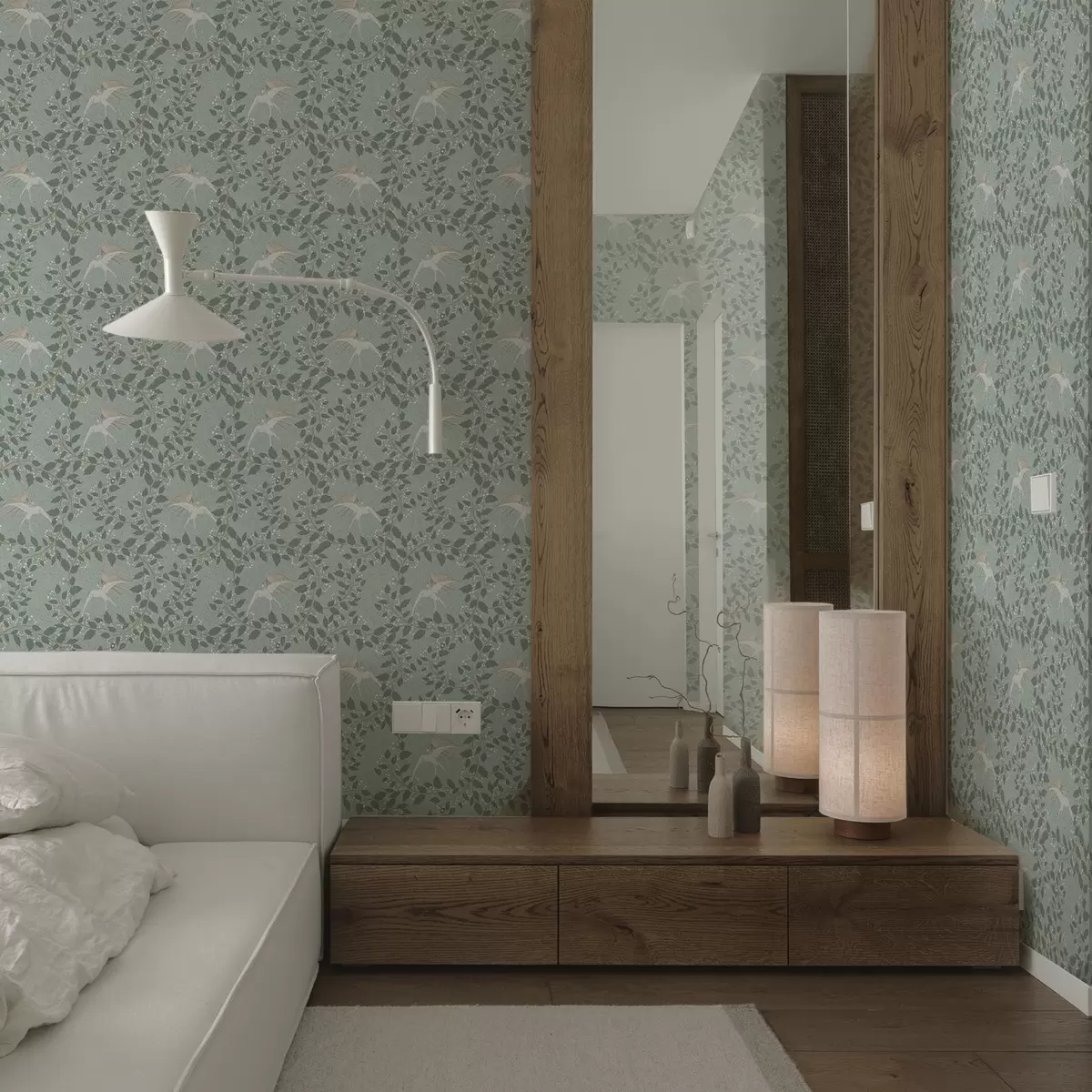 Papel pintado Ramas con bayas blancas y pájaros sobre fondo verde a00731