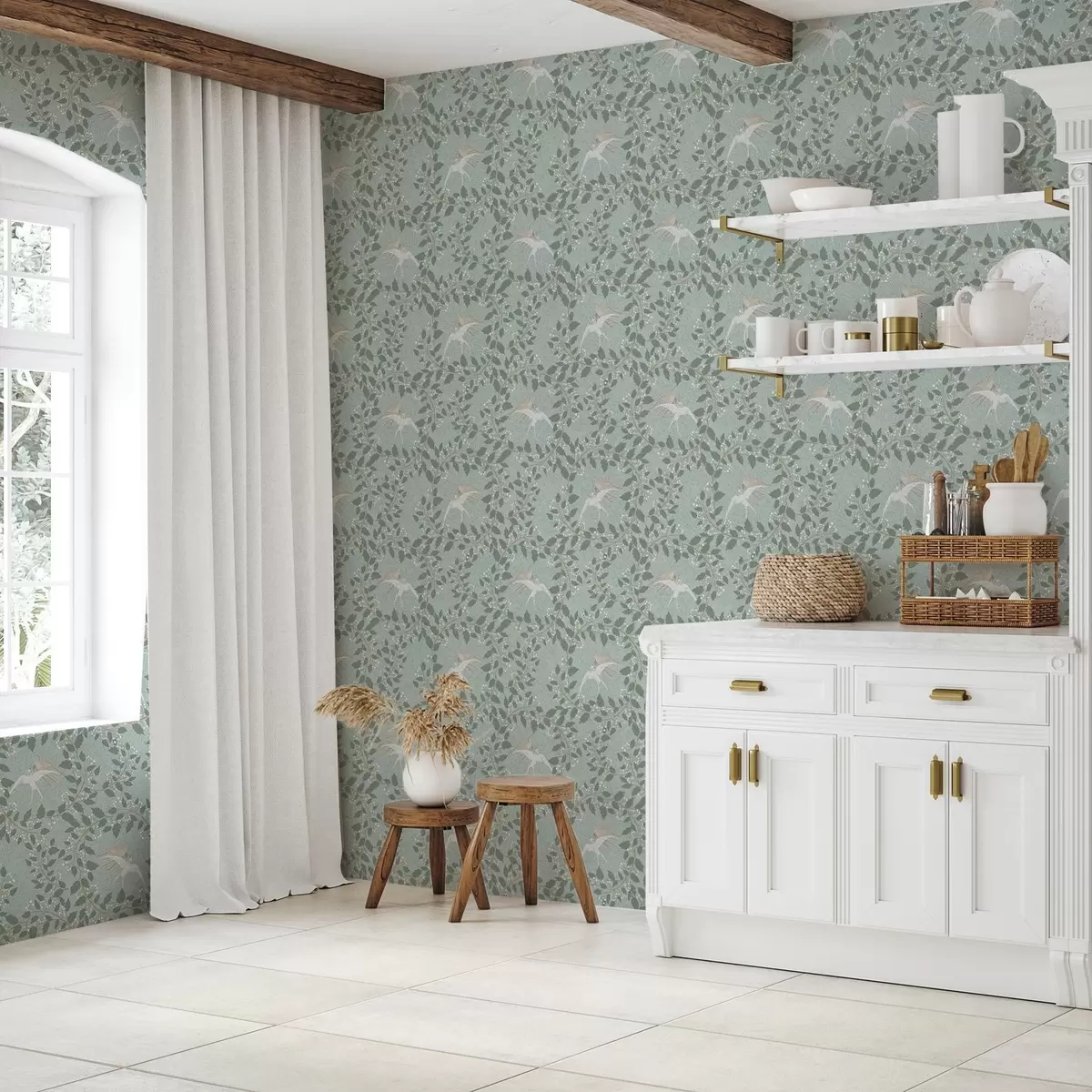 Papel pintado Ramas con bayas blancas y pájaros sobre fondo verde a00731