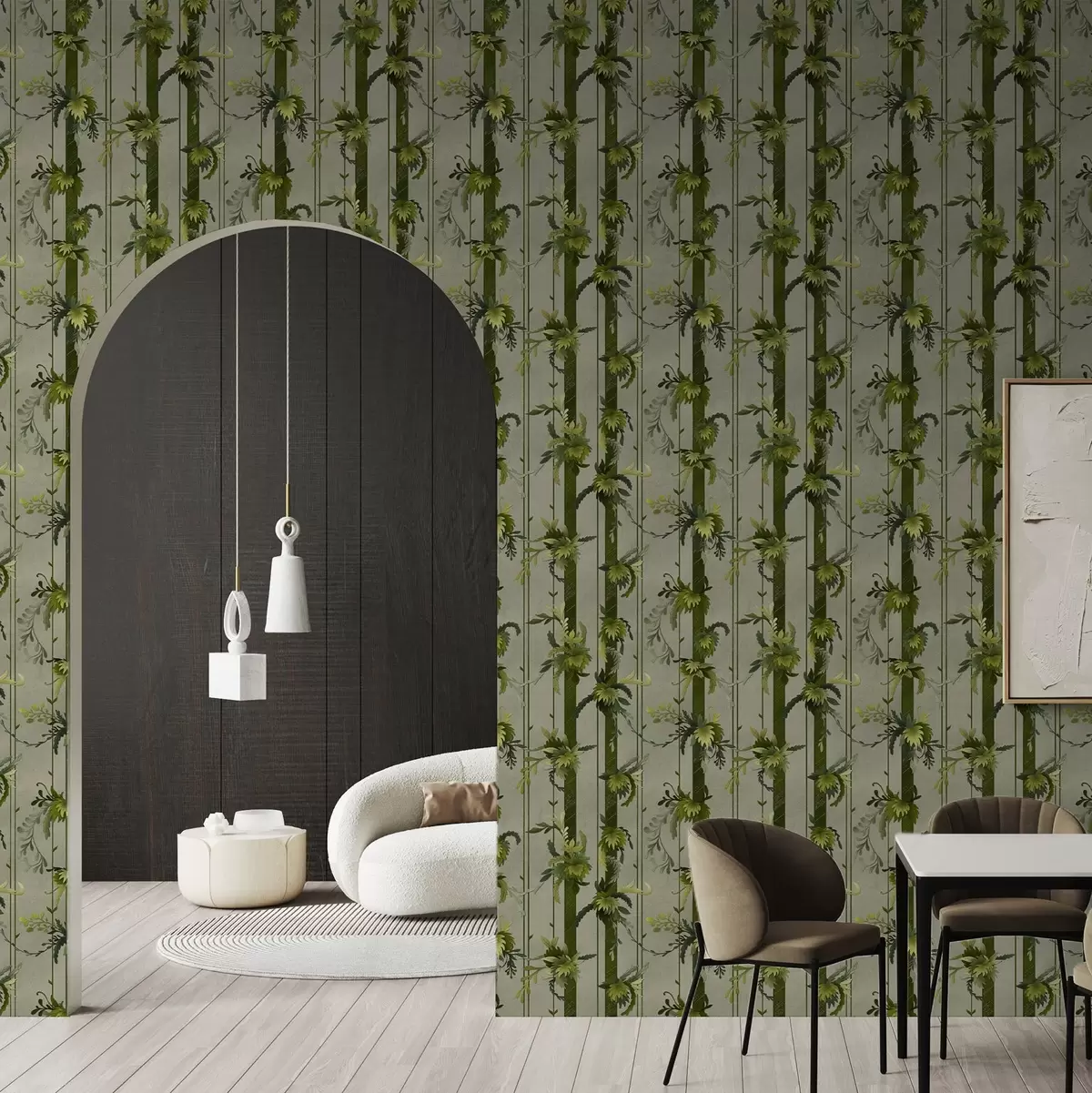 Papel pintado Hojas verdes en rayas verticales sobre fondo gris a00807v1