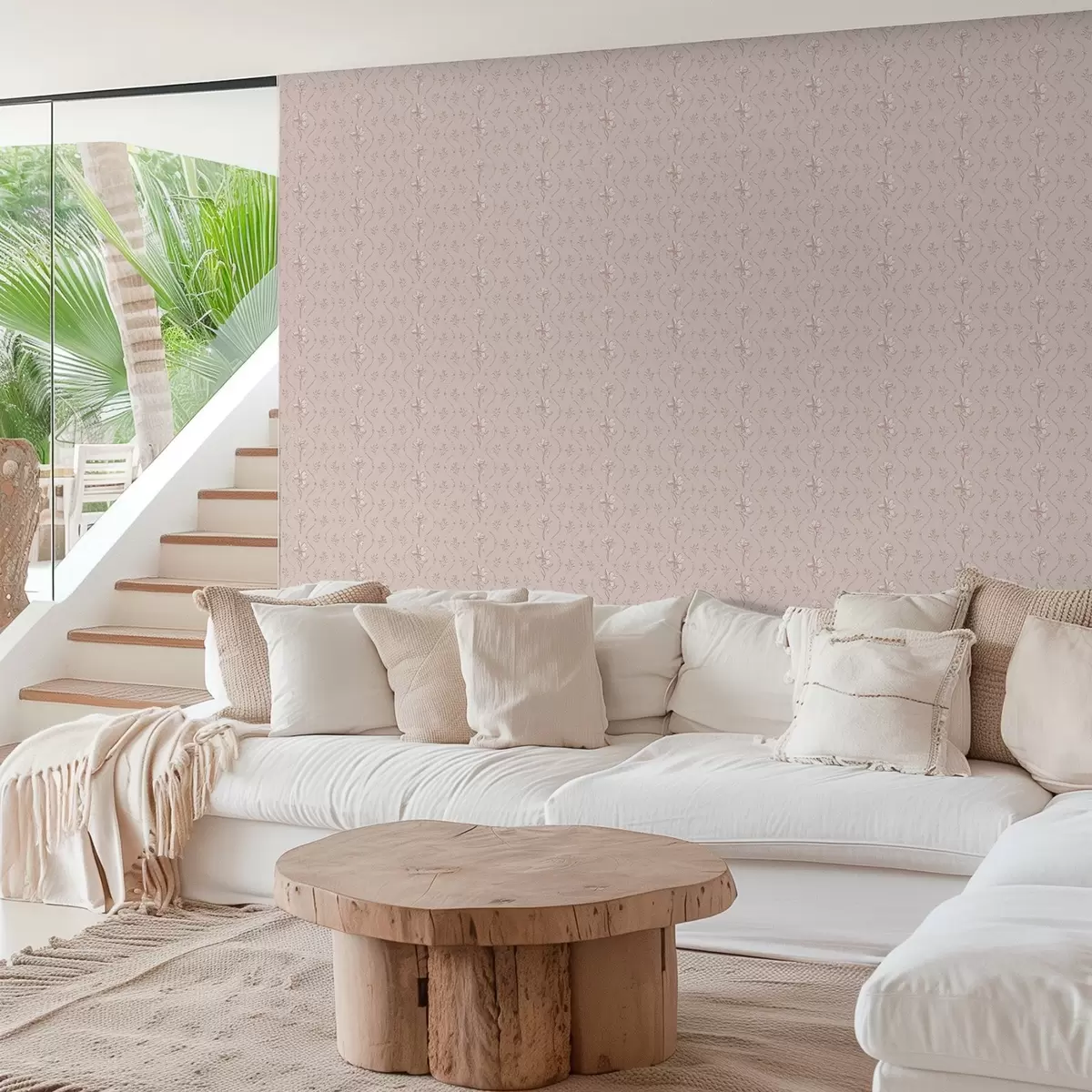 Papel pintado Pequeñas flores y cintas en suaves tonos rosa y beige a00808