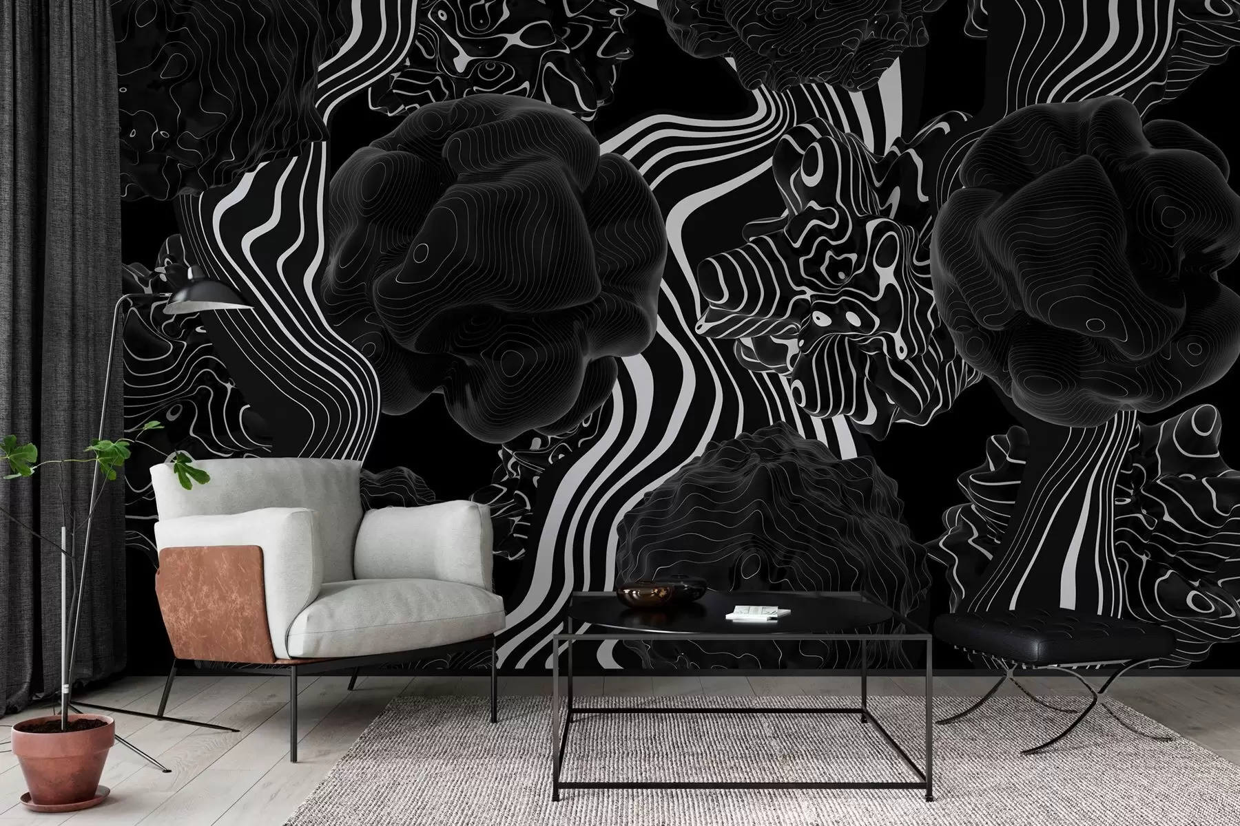 murales de pared formas orgánicas abstractas en estilo 3D en tonos negros con rayas blancas w04628