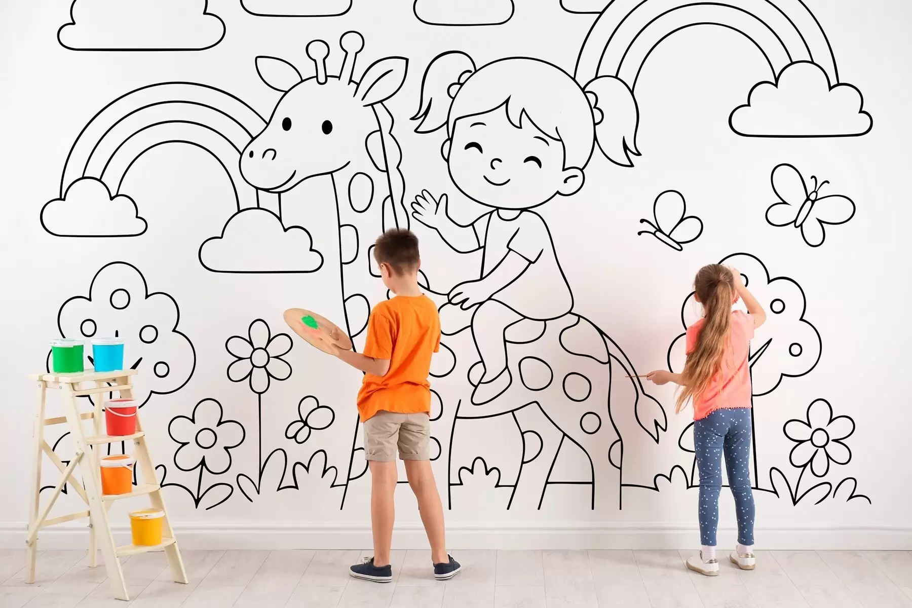 Murales de pared dibujo en blanco y negro de una niña sobre una jirafa al estilo de un libro para colorear infantil w04753 murales de pared dibujo en blanco y negro de una niña sobre una jirafa al estilo de un libro para colorear infantil w04753