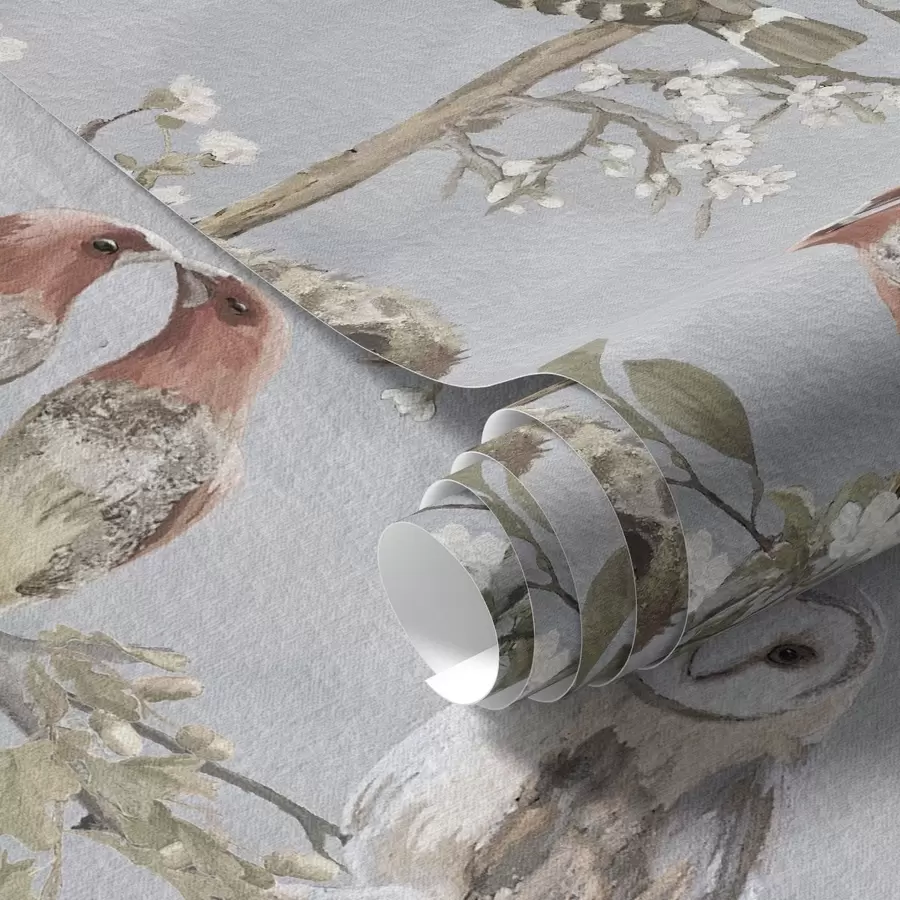 murales de pared Pájaros en ramas con flores sobre fondo gris a00738