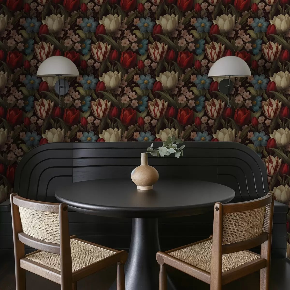 Papel pintado Tulipanes brillantes y flores azules sobre fondo oscuro a00746