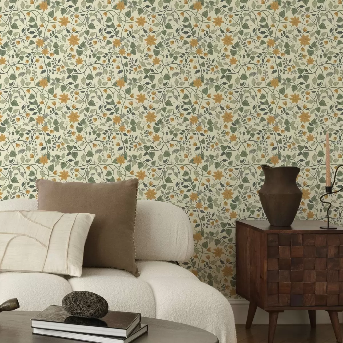 Papel pintado Ramas trepadoras con flores amarillas y bayas a00750