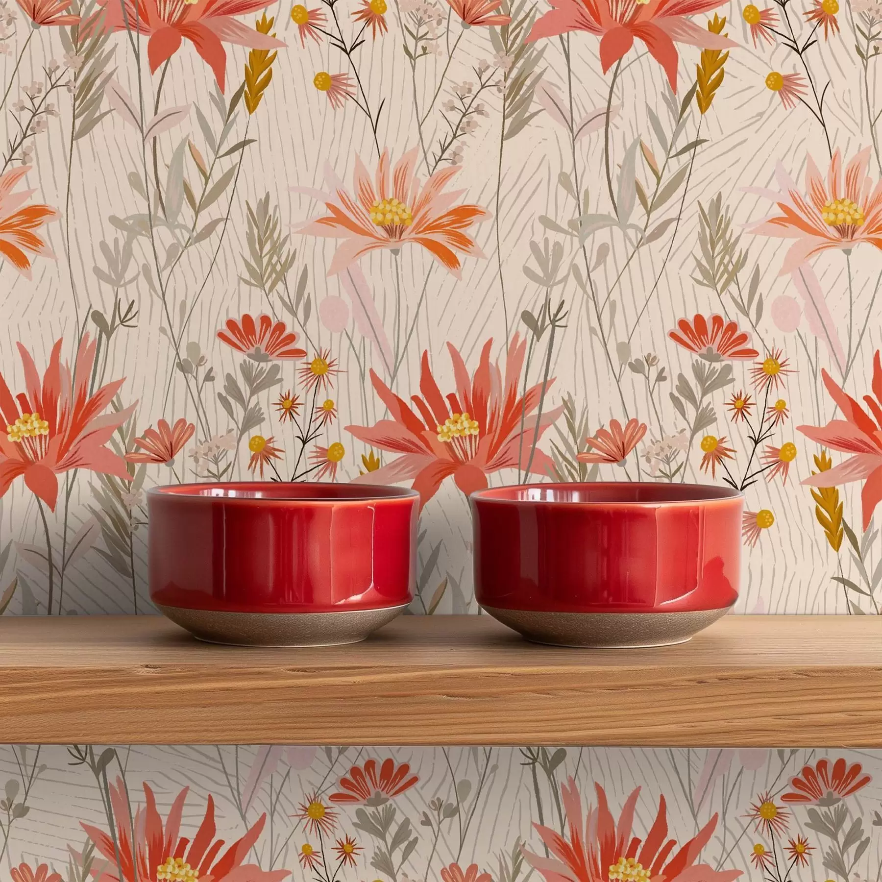 murales de pared Flores silvestres en tonos cálidos sobre fondo beige a00751