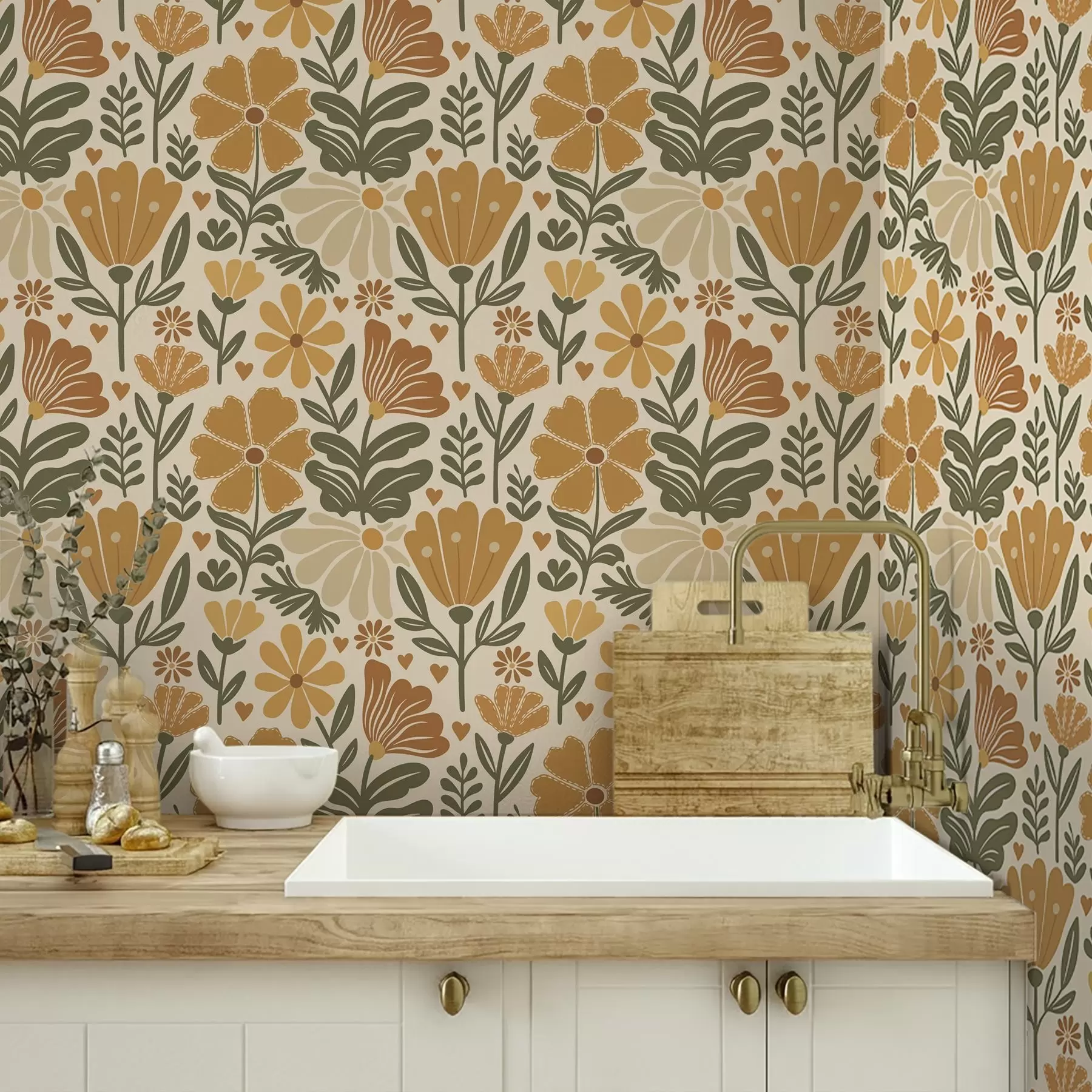 murales de pared Flores estilizadas en tonos cálidos con corazones a00752