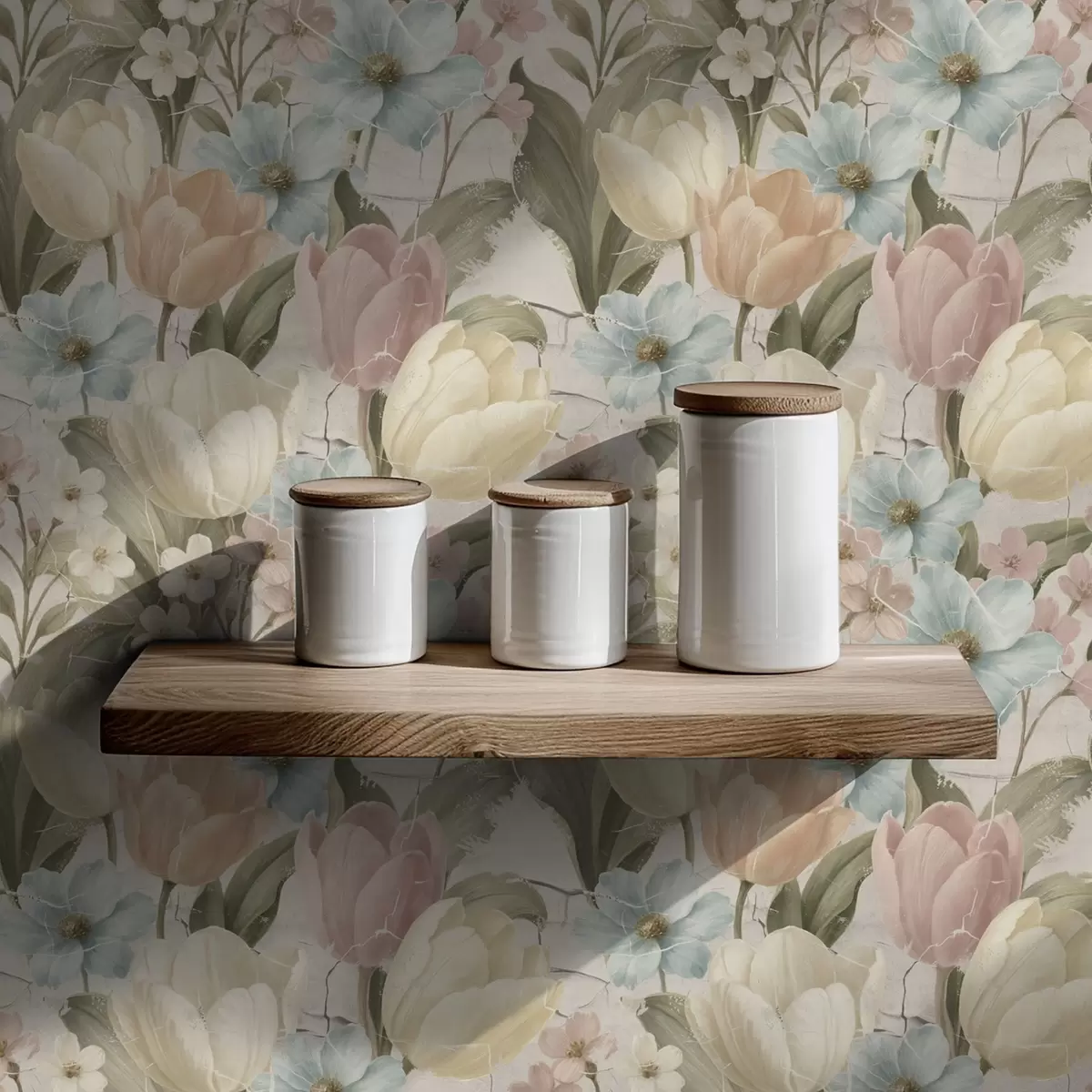 Papel pintado Tulipanes y flores en tonos pastel sobre un fondo claro agrietado a00756