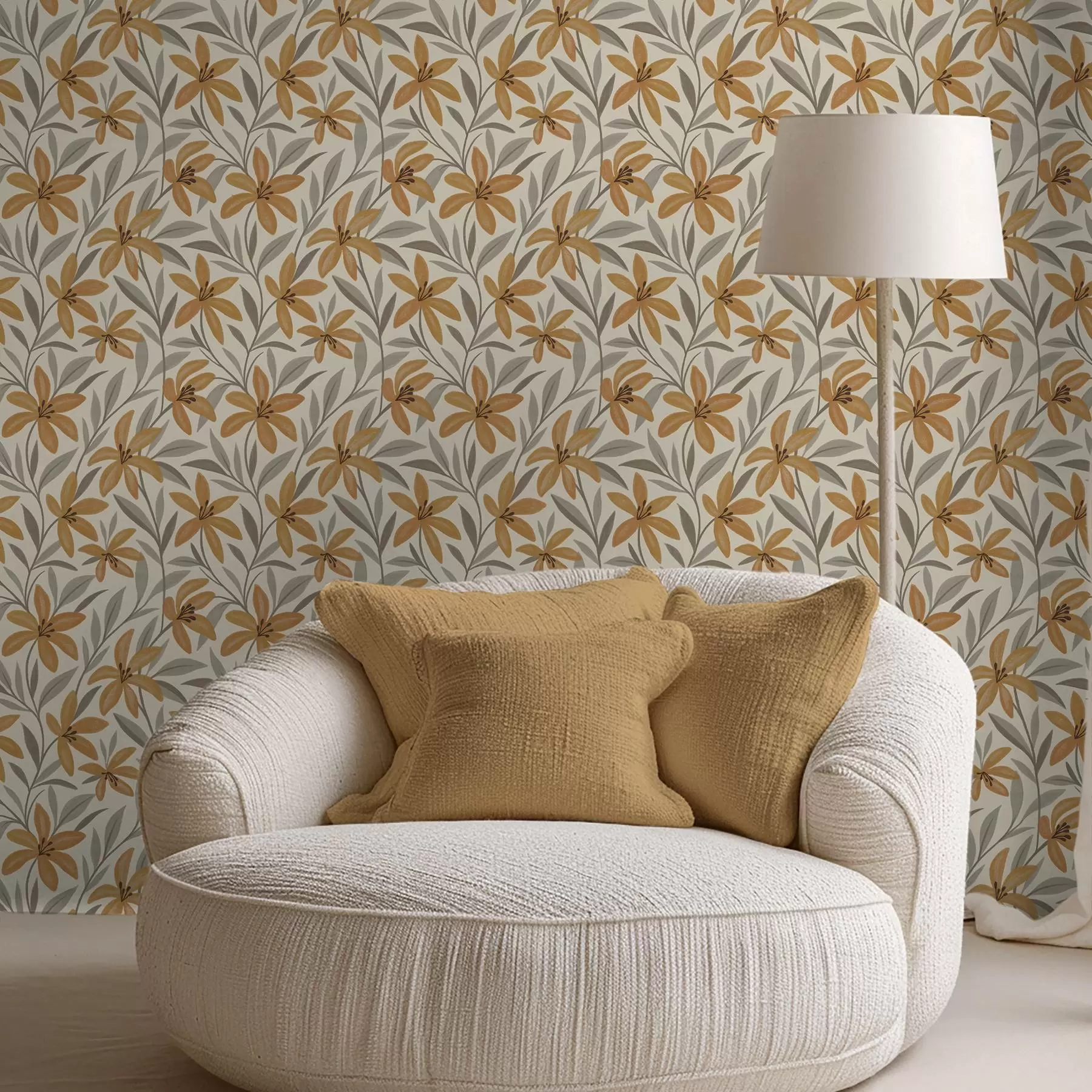 murales de pared Lirios amarillos y hojas gris verdosas sobre fondo claro a00757