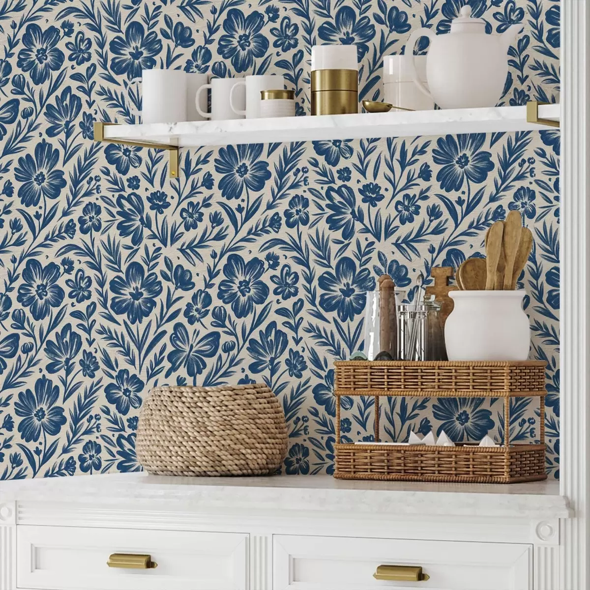 Papel pintado Adorno floral azul con mariposas a00758